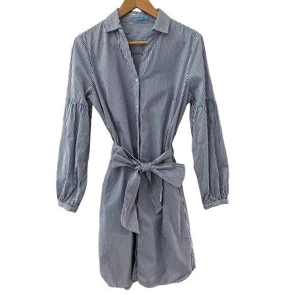 J. McLaughlin Millbury White & Navy Striped Poplin Dress Pockets Size Medium - Picture 3 of 11